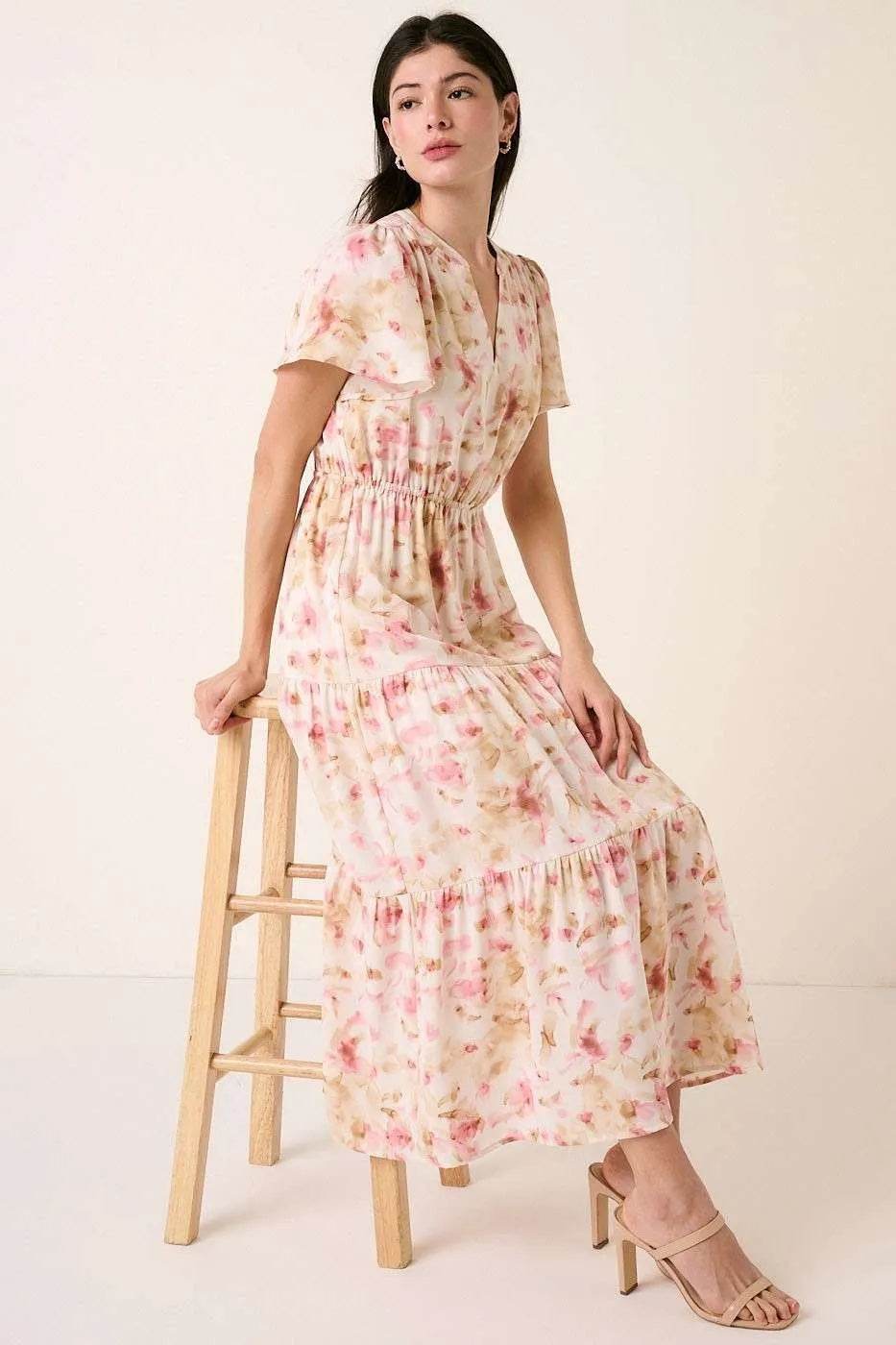 Mittoshop Flower Print Flutter Sleeve V Slit Maxi Dress - Shop Style & More | Fresh Looks, Everyday Deals & Free Shipping