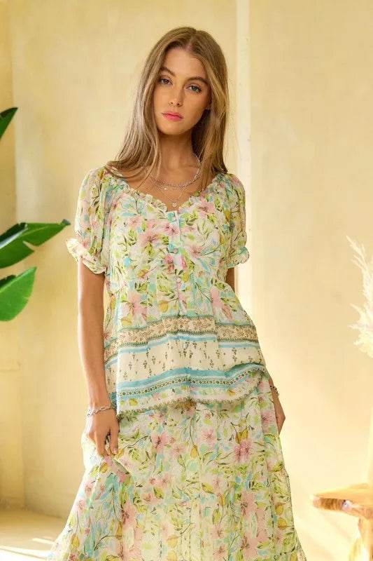 Davi & Dani Spring Floral Border Print Ruffled Textured Top - Shop Style & More | Fresh Looks, Everyday Deals & Free Shipping
