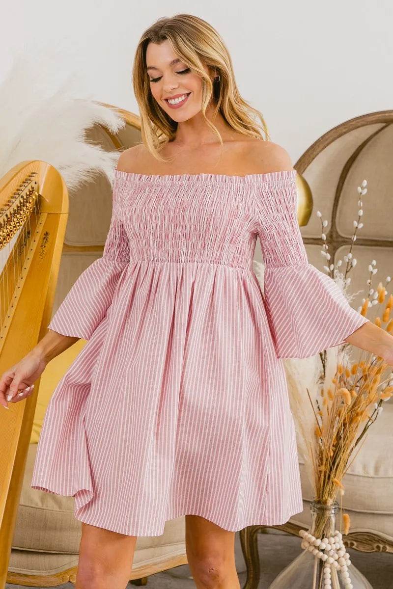BiBi Smocked Off Shoulder Striped Dress - Shop Style & More | Fresh Looks, Everyday Deals & Free Shipping