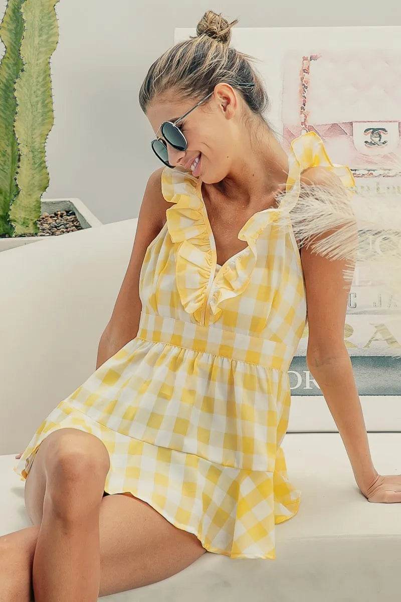 BiBi Ruffled Neckline Sleeveless Check Plaid Peplum Top - Shop Style & More | Fresh Looks, Everyday Deals & Free Shipping
