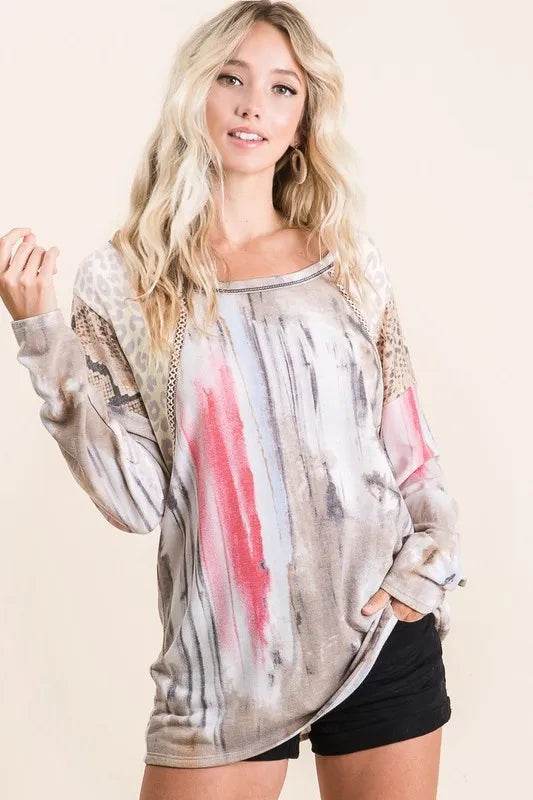BiBi Tie Dye Knit Top with Print Block Shoulder - Shop Style & More | Fresh Looks, Everyday Deals & Free Shipping