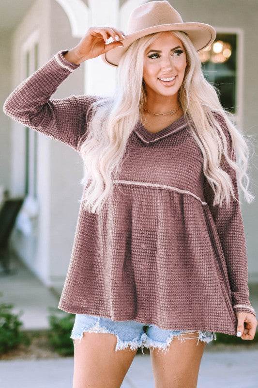 Liana Waffle Knit V Neck Long Sleeve Babydoll Top - Shop Style & More | Fresh Looks, Everyday Deals & Free Shipping
