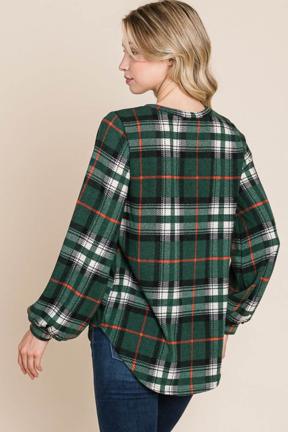 BOMBOM Curved Hem Plaid Round Neck Long Sleeve Top - Shop Style & More | Fresh Looks, Everyday Deals & Free Shipping