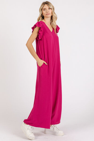 Mittoshop V-Neck Ruffled Cap Sleeve Jumpsuit - Wide Leg Design Jumpsuits
