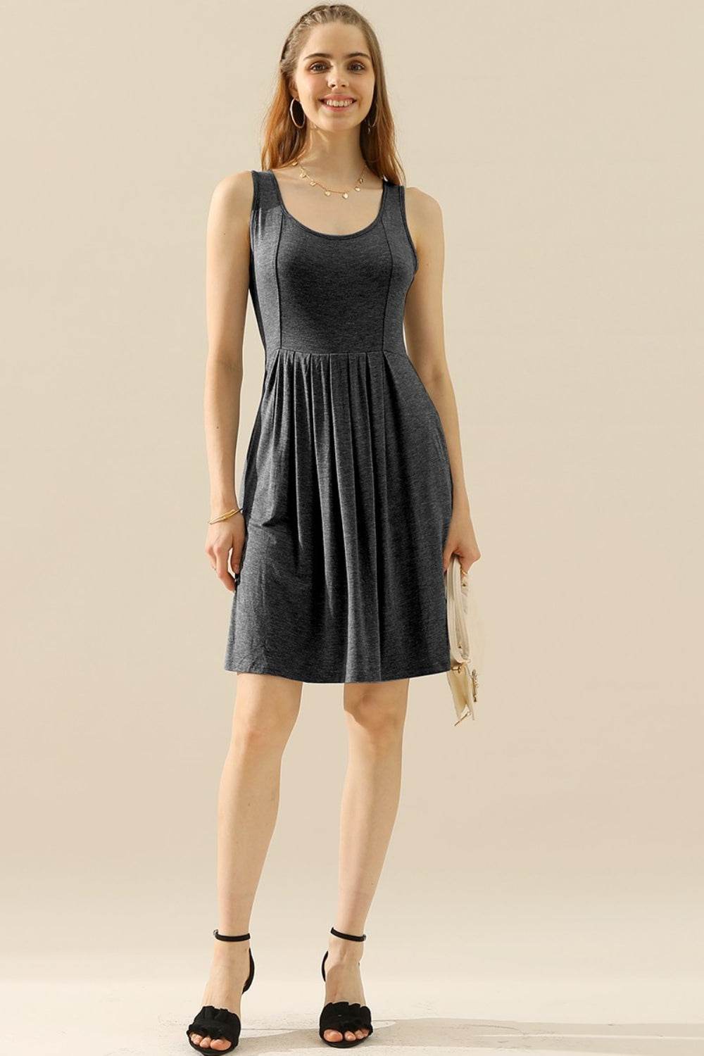 Doublju Full Size Round Neck Ruched Sleeveless Dress with Pockets - Shop Style & More | Fresh Looks, Everyday Deals & Free Shipping
