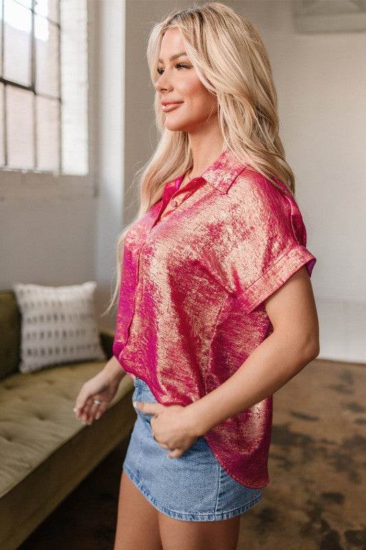 Amoura Metallic Sheen Buttoned Top - Shop Style & More | Fresh Looks, Everyday Deals & Free Shipping