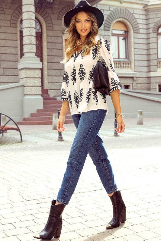 Vintage Geometric Printed V Neck Blouse - Shop Style & More | Fresh Looks, Everyday Deals & Free Shipping