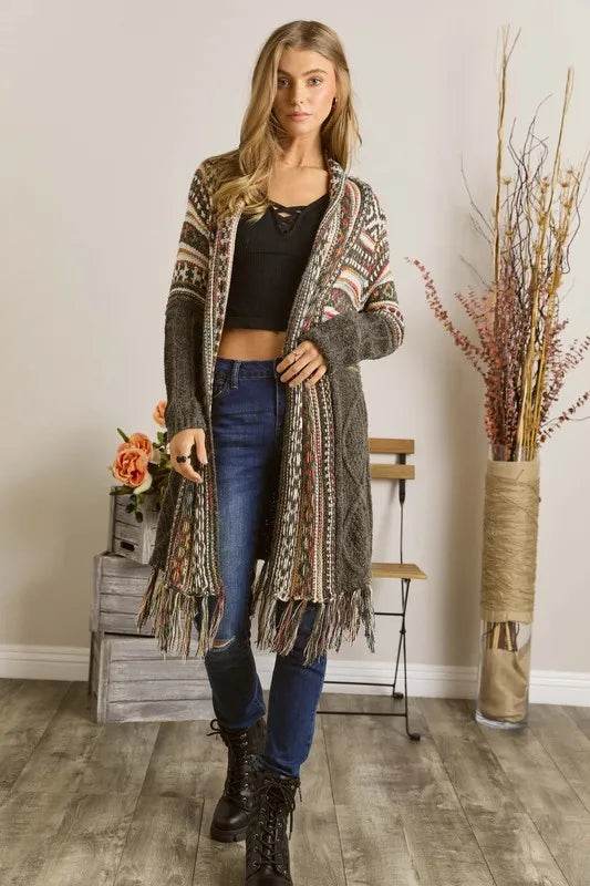 ADORA Full Size Fringe Hem Aztec Cardigan Plus Size - Shop Style & More | Fresh Looks, Everyday Deals & Free Shipping