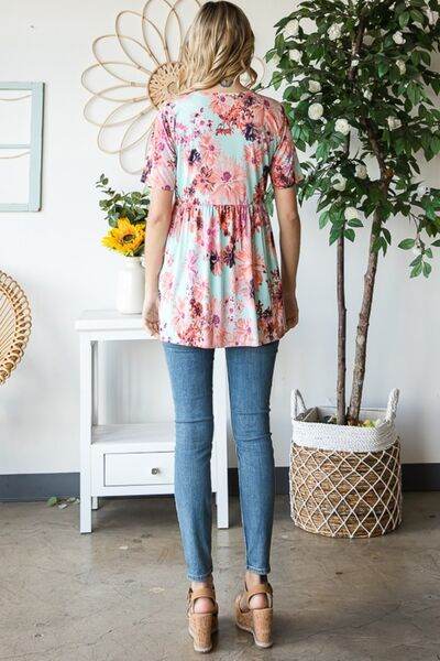 Heimish Floral V-Neck Babydoll Blouse - Full Size Short Sleeve Top - Shop Style & More | Fresh Looks, Everyday Deals & Free Shipping