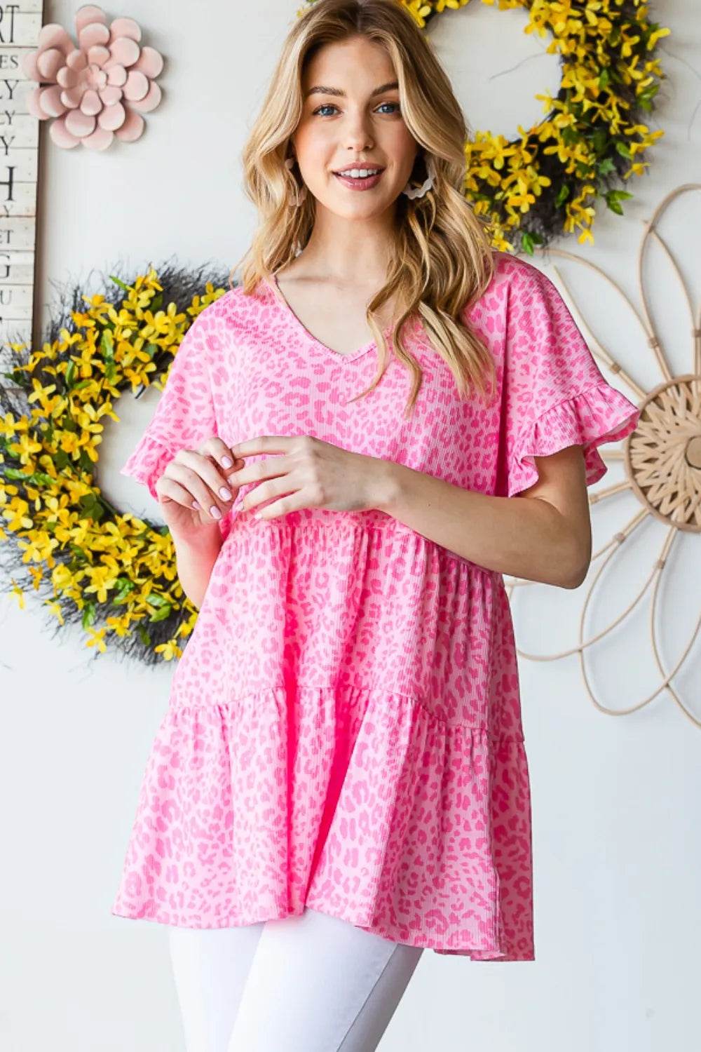 Heimish Full Size Leopard Ruffle Trim Short Sleeve Top - Shop Style & More | Fresh Looks, Everyday Deals & Free Shipping