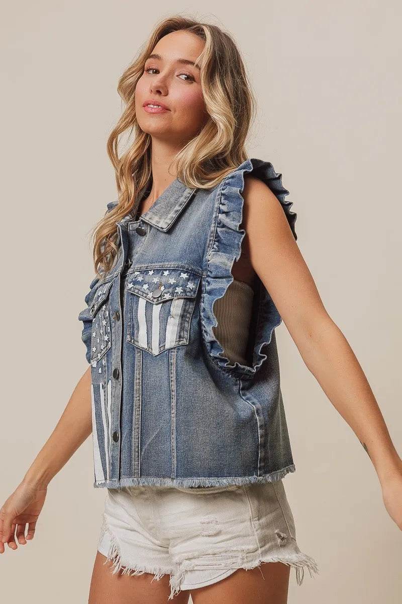 BiBi American Flag Washed Denim Jacket - Shop Style & More | Fresh Looks, Everyday Deals & Free Shipping