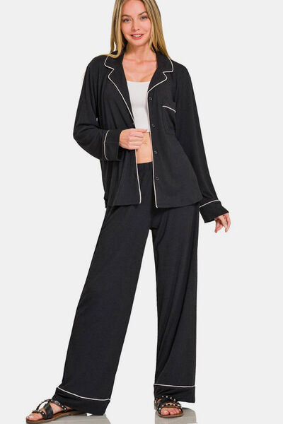 Zenana Button Down Long Sleeve Top and Pants Lounge Set Black Lounge Set