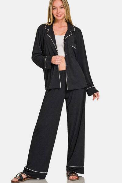 Zenana Button Down Long Sleeve Top and Pants Lounge Set - Shop Style & More | Fresh Looks, Everyday Deals & Free Shipping