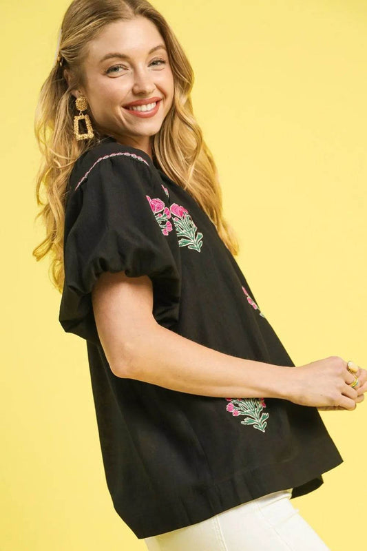 Umgee Floral Embroidered Puff Sleeve Blouse - Shop Style & More | Fresh Looks, Everyday Deals & Free Shipping