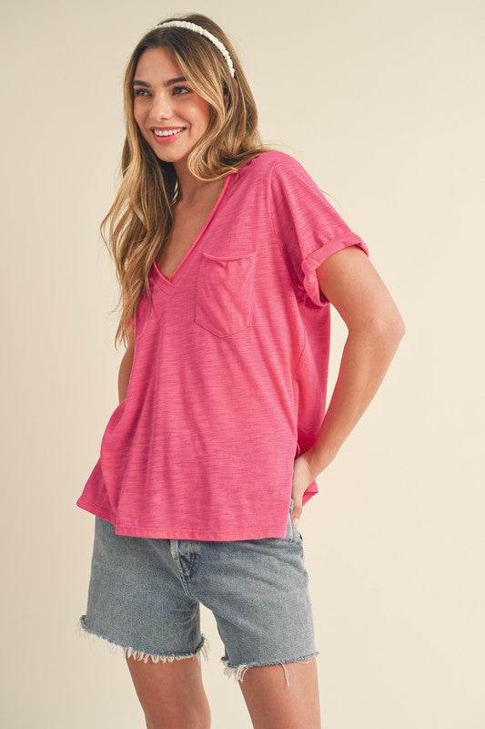 Aemi + Co Side Slit V-Neck Short Rolled Sleeve T-Shirt - Shop Style & More | Fresh Looks, Everyday Deals & Free Shipping
