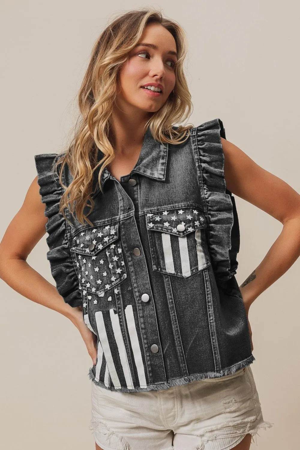 BiBi American Flag Washed Denim Jacket - Shop Style & More | Fresh Looks, Everyday Deals & Free Shipping