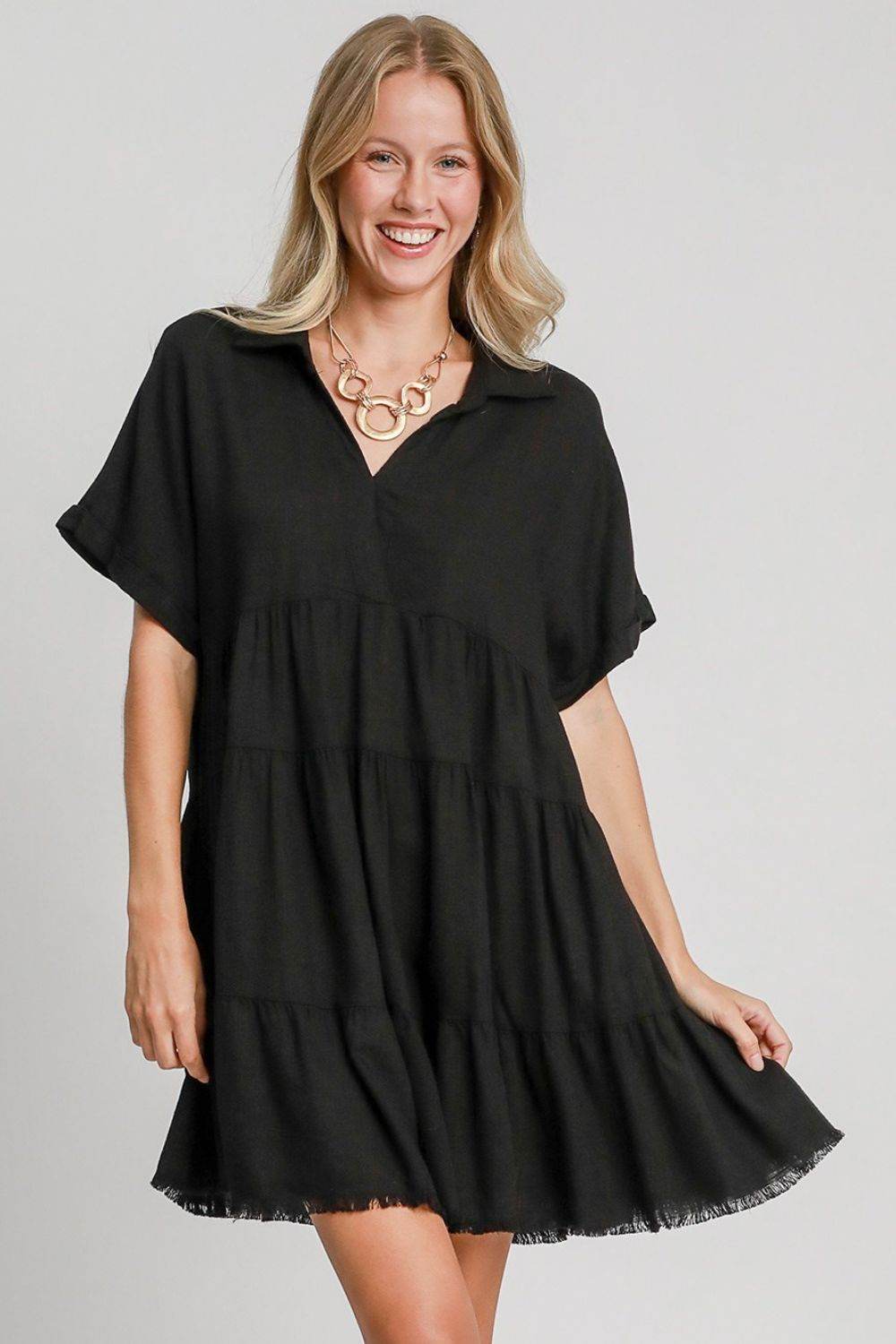 Umgee Full Size Raw Hem Folded Sleeve Tiered Dress Plus Size - Shop Style & More | Fresh Looks, Everyday Deals & Free Shipping
