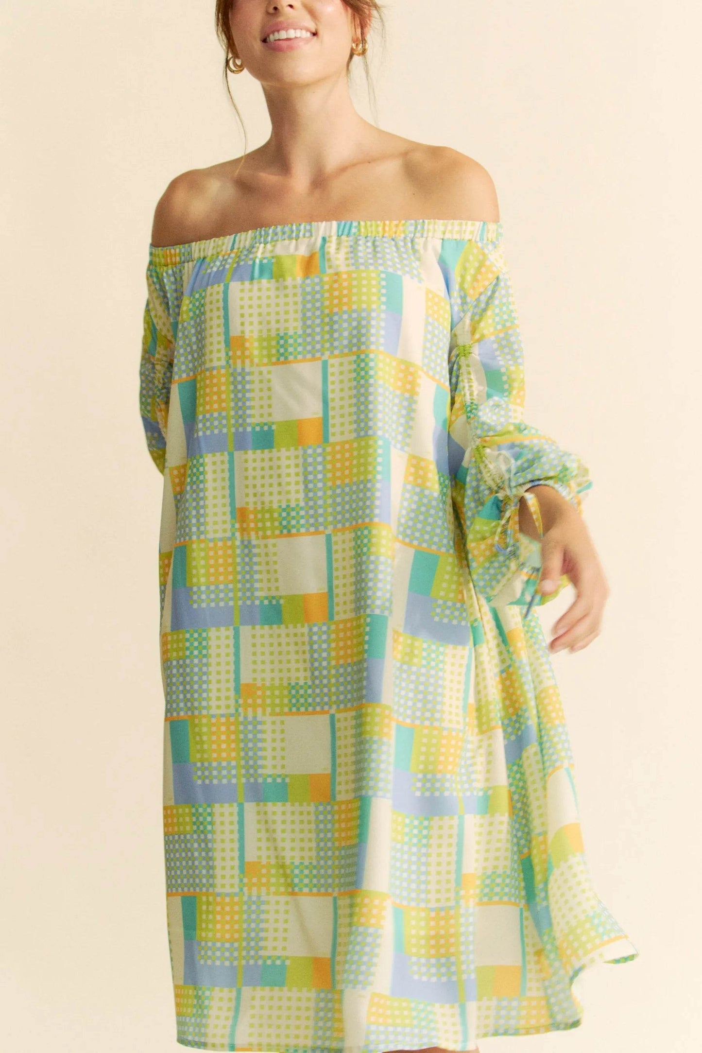 Davi & Dani Printed Off Shoulder Drawstring Sleeve Mini Dress - Shop Style & More | Fresh Looks, Everyday Deals & Free Shipping
