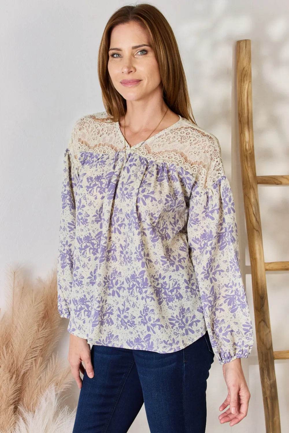Hailey & Co Full Size Lace Detail Printed Blouse - Shop Style & More | Fresh Looks, Everyday Deals & Free Shipping