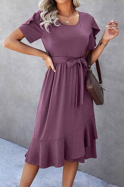 Petal Sleeve Ruffle Trim Wrap Belted Midi Dress - Shop Style & More | Fresh Looks, Everyday Deals & Free Shipping