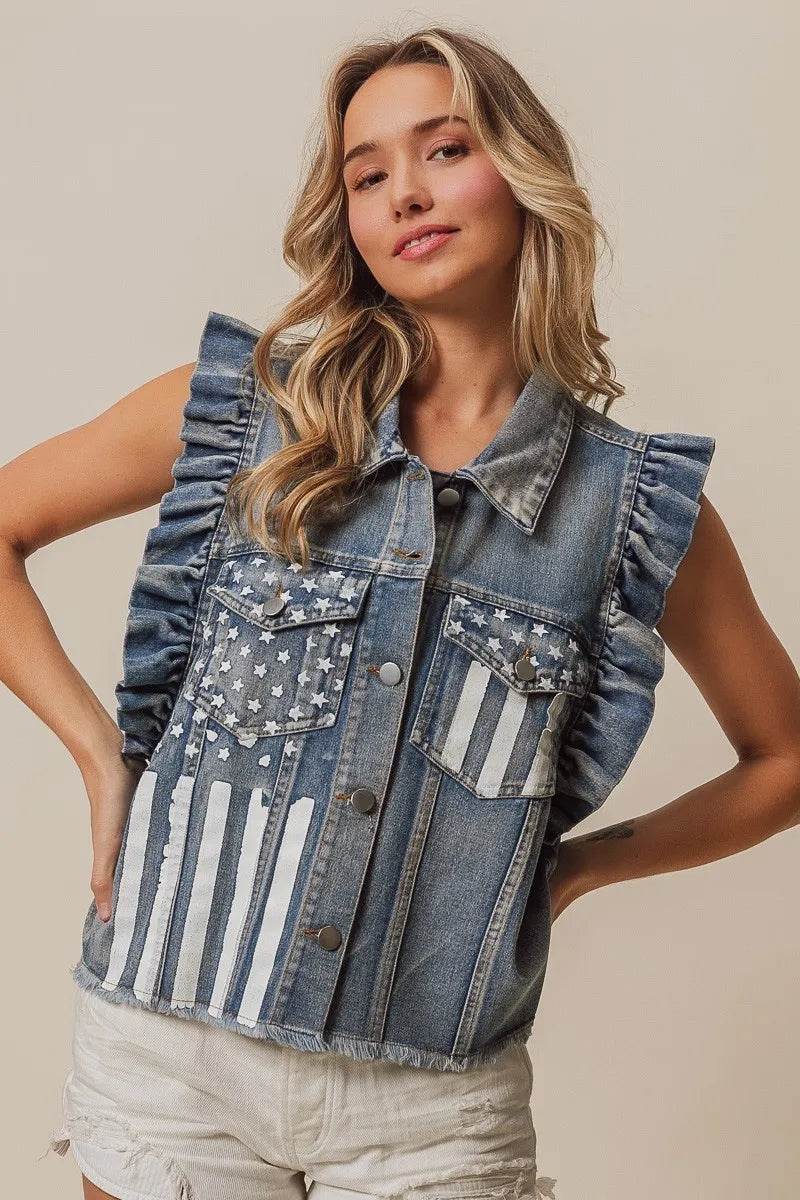 BiBi American Flag Washed Denim Jacket - Shop Style & More | Fresh Looks, Everyday Deals & Free Shipping