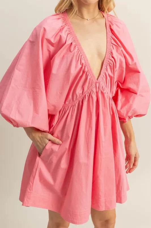 HYFVE Plunge Balloon Sleeve Poplin Mini Dress with Pockets - Shop Style & More | Fresh Looks, Everyday Deals & Free Shipping