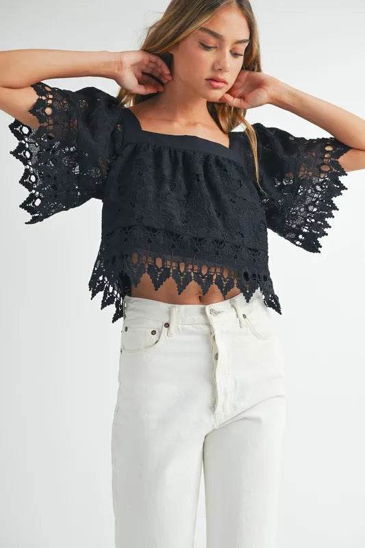 MABLE Square Neck Crochet Lace Top With Double Bow Tie - Shop Style & More | Fresh Looks, Everyday Deals & Free Shipping