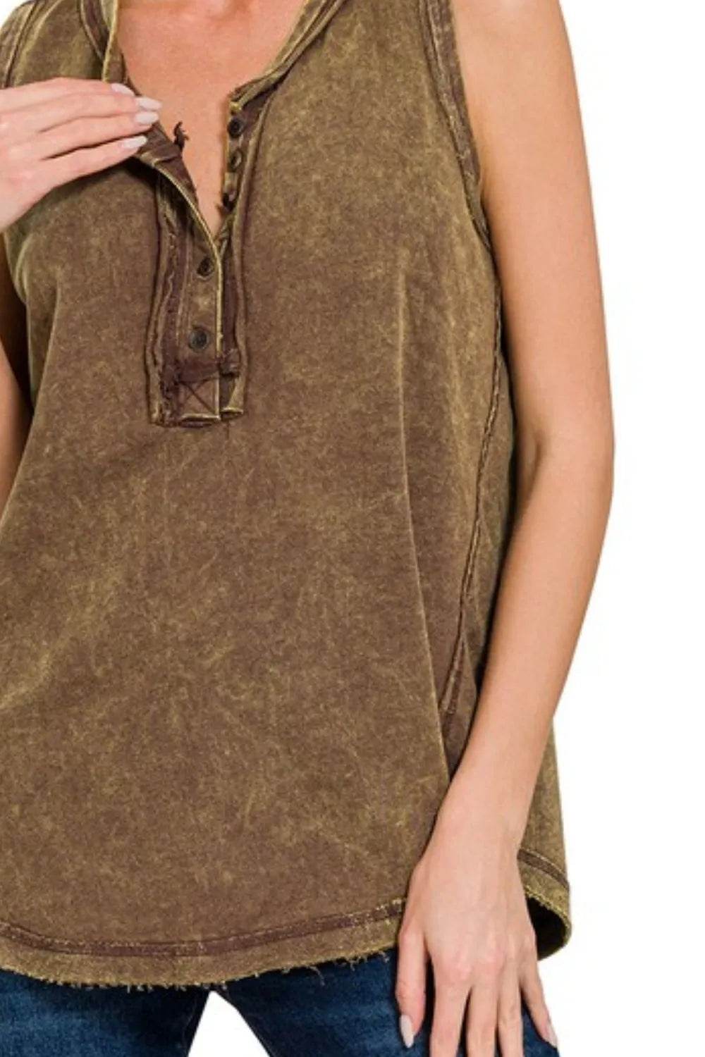 Zenana Washed Half-Button Raw Edge Sleeveless Henley Top - Shop Style & More | Fresh Looks, Everyday Deals & Free Shipping