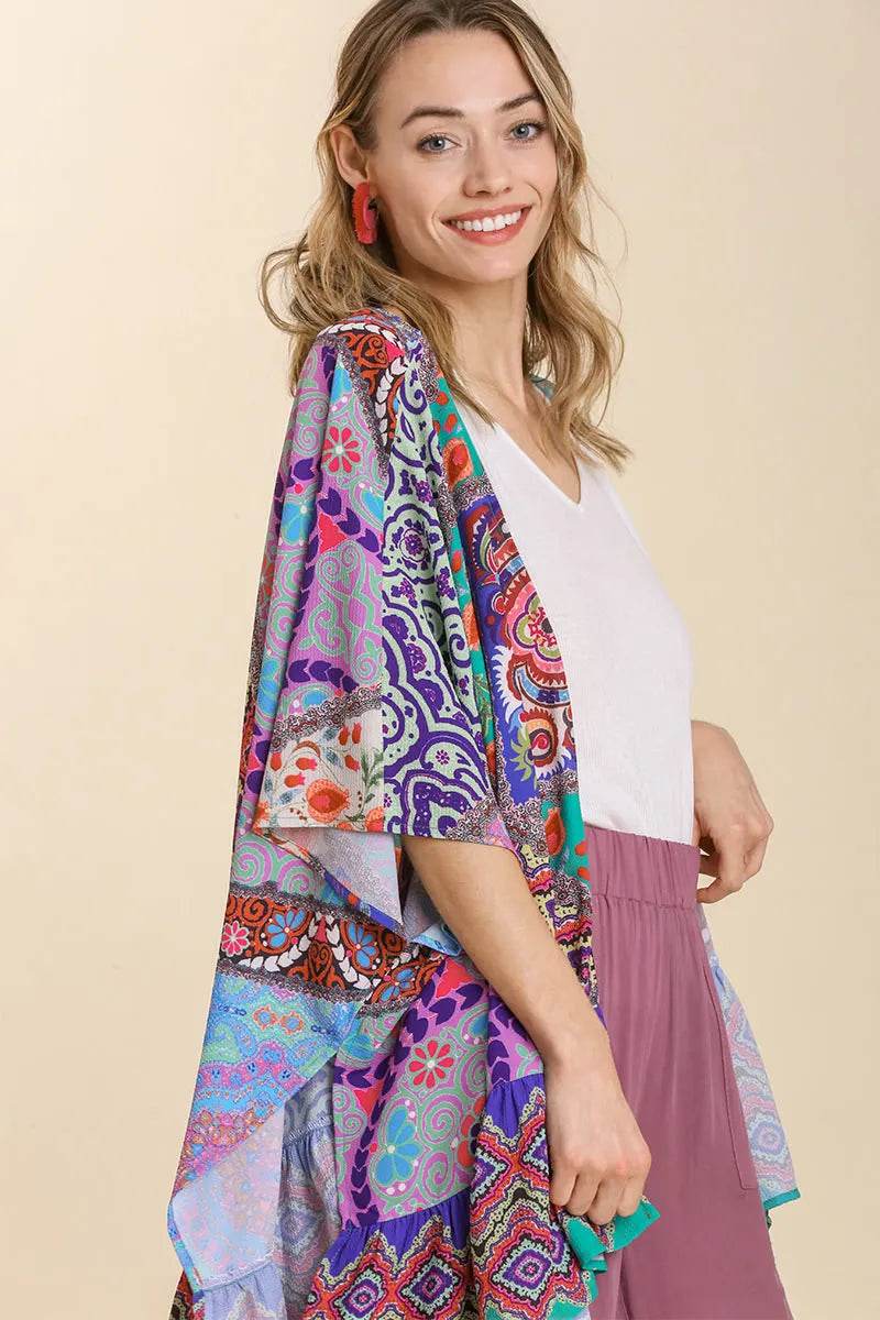 Umgee Full Size Mixed Print Ruffle Hem Open Front Cover Up Plus Size - Shop Style & More | Fresh Looks, Everyday Deals & Free Shipping