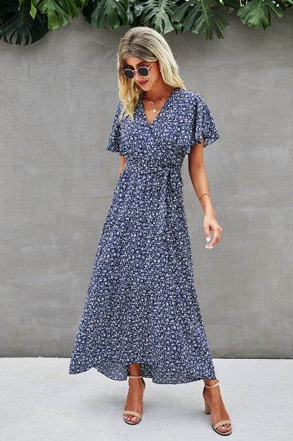 V Neck Blue Floral Short Sleeve Wrap Dress - Shop Style & More | Fresh Looks, Everyday Deals & Free Shipping