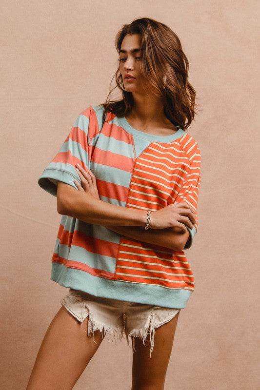 BiBi Striped Round Neck Half Sleeve French Terry Top - Shop Style & More | Fresh Looks, Everyday Deals & Free Shipping