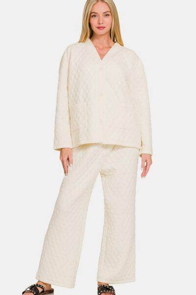 Zenana Quilted Button Up Long Sleeve Top and Pants Lounge Set - Shop Style & More | Fresh Looks, Everyday Deals & Free Shipping