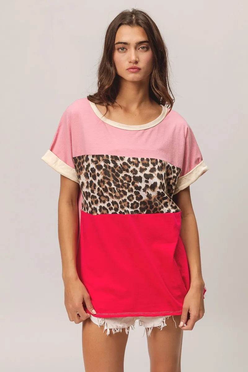BiBi Leopard Printed Jersey Color Block Roll Up - Shop Style & More | Fresh Looks, Everyday Deals & Free Shipping