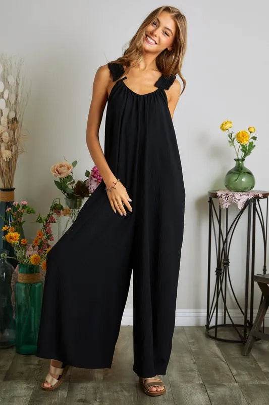 ADORA Full Size Elastic Ruffle Shoulder Jumpsuit Plus Size - Shop Style & More | Fresh Looks, Everyday Deals & Free Shipping