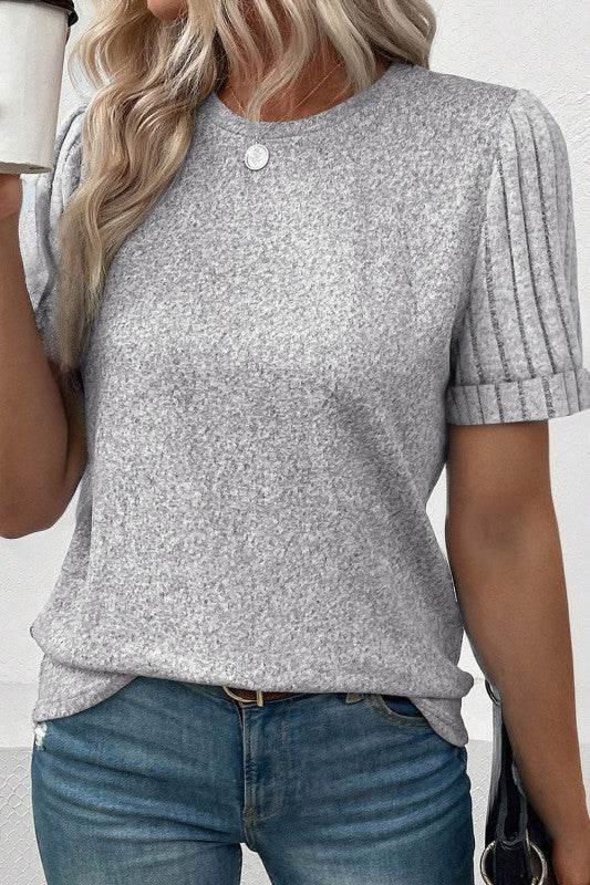 Alma Ribbed Splicing Sleeve Round Neck Top - Shop Style & More | Fresh Looks, Everyday Deals & Free Shipping