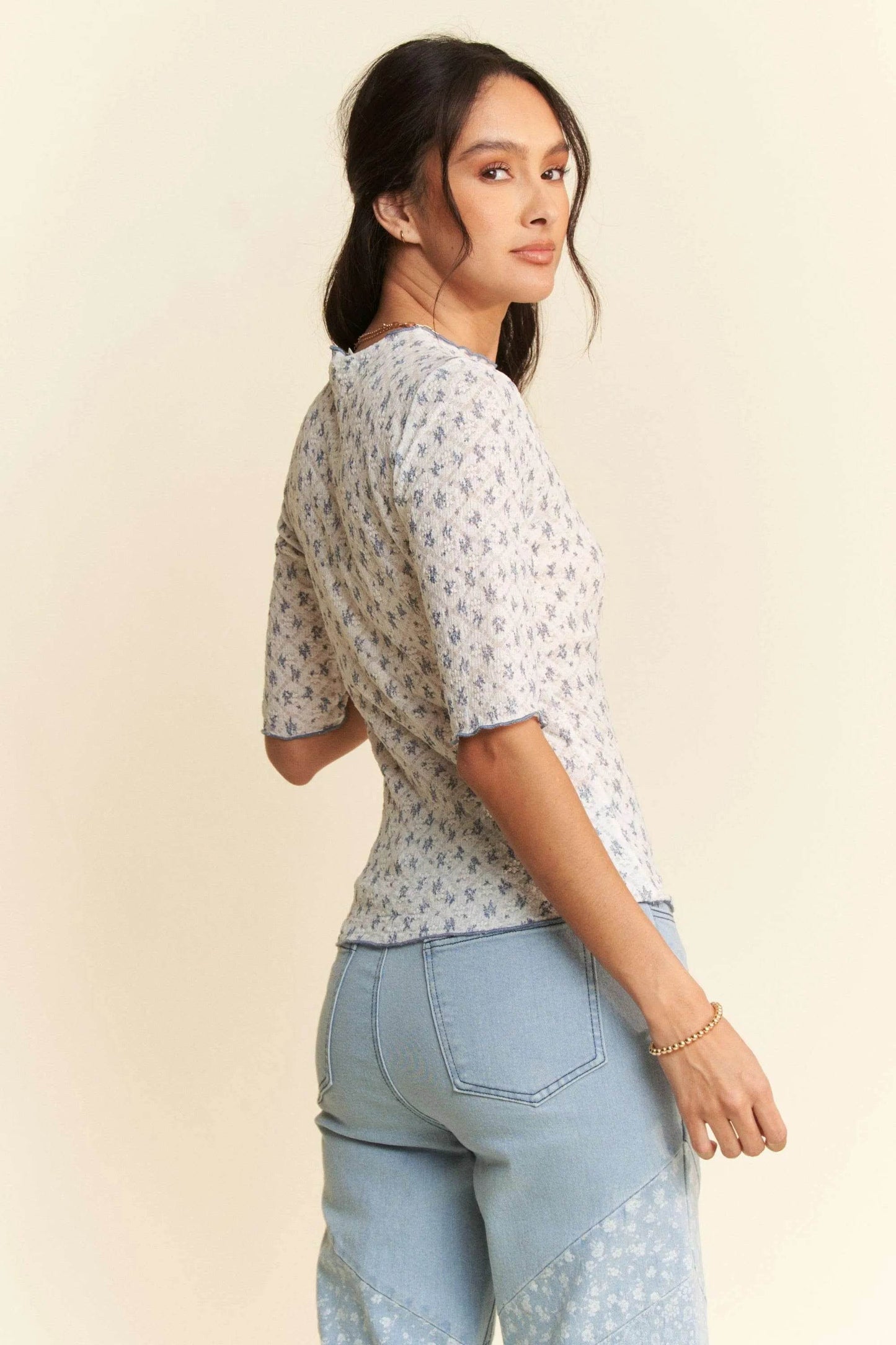 Davi & Dani Lace Stretch Floral Marrow Edge Half Sleeve Top - Shop Style & More | Fresh Looks, Everyday Deals & Free Shipping