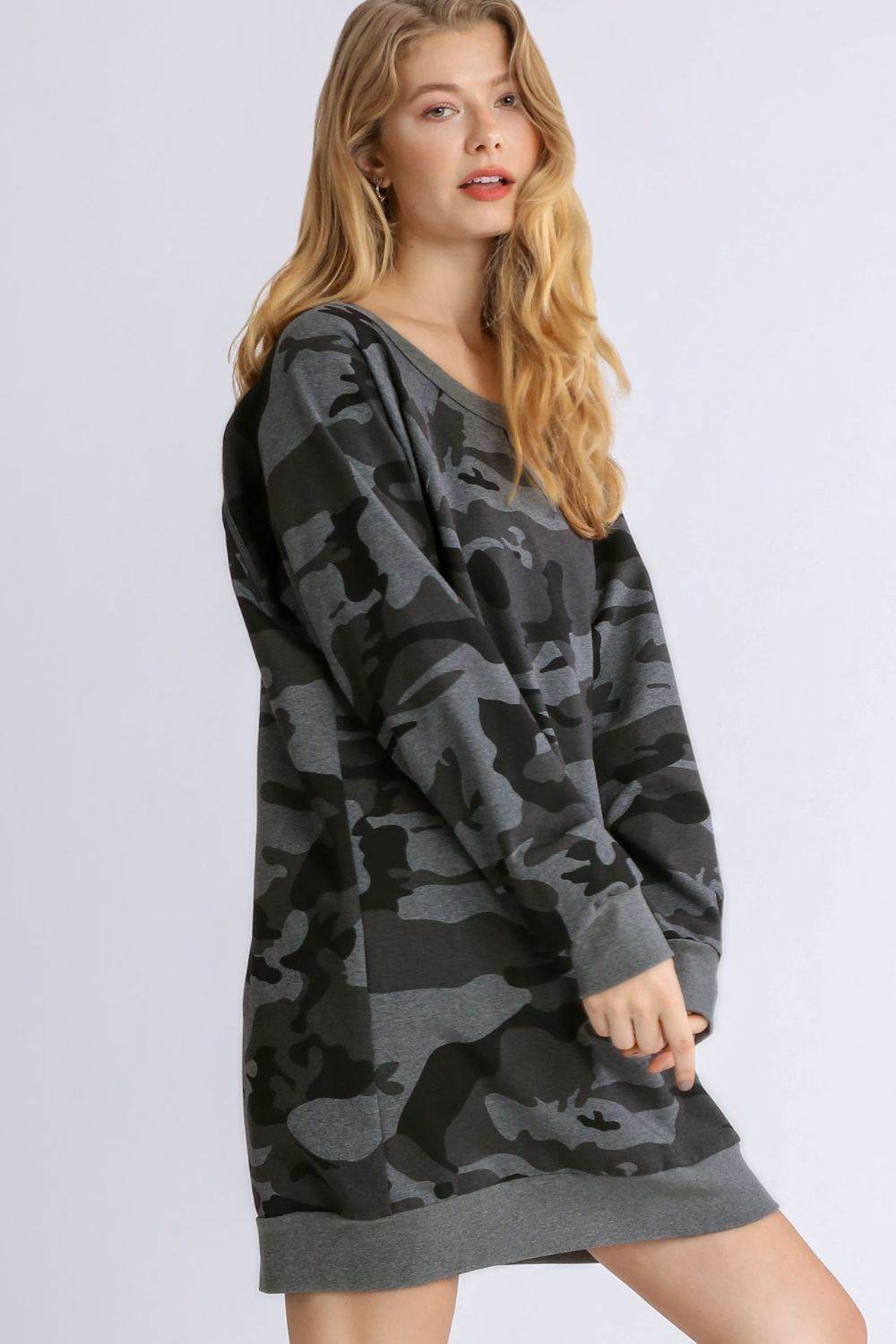 Umgee Full Size Camo Print Ribbed Hem French Terry Mini Dress Plus Size - Shop Style & More | Fresh Looks, Everyday Deals & Free Shipping
