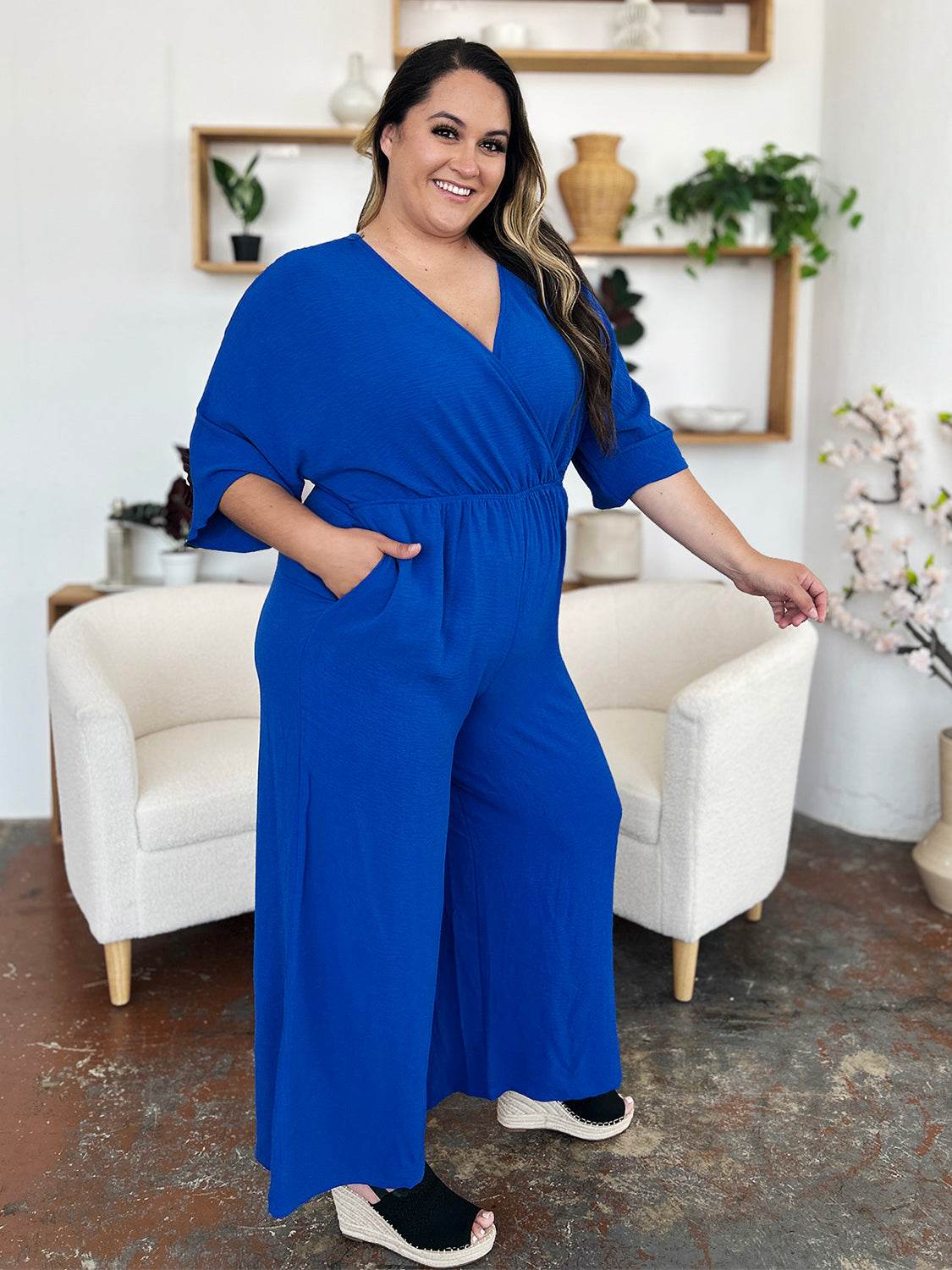 Double Take Full Size Surplice Wide Leg Jumpsuit with Pockets - Shop Style & More | Fresh Looks, Everyday Deals & Free Shipping
