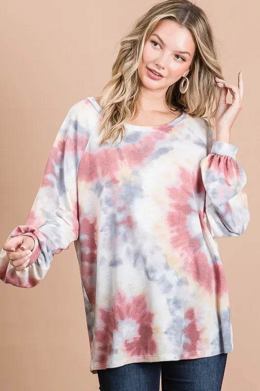 BiBi Tie Dye Print Terry Top With Puff Sleeves - Shop Style & More | Fresh Looks, Everyday Deals & Free Shipping