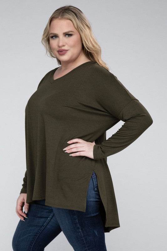 Plus Dolman Sleeve V-Neck Side Slit Hi-Low Hem Top - Shop Style & More | Fresh Looks, Everyday Deals & Free Shipping