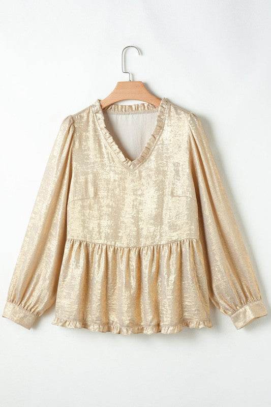 Metallic Frilled V Neck Puff Sleeve Babydoll Blous - Shop Style & More | Fresh Looks, Everyday Deals & Free Shipping