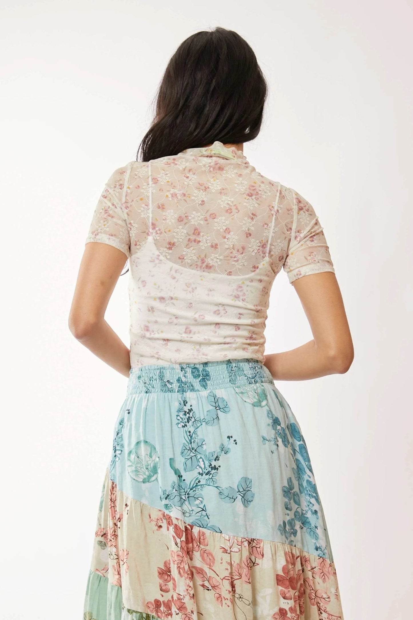 Davi & Dani Floral Mesh Mock Neck Short Sleeve Top - Shop Style & More | Fresh Looks, Everyday Deals & Free Shipping