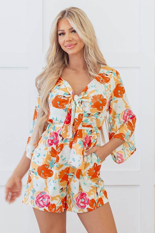 Orange Blooming Floral Print Front Tie Romper - Shop Style & More | Fresh Looks, Everyday Deals & Free Shipping