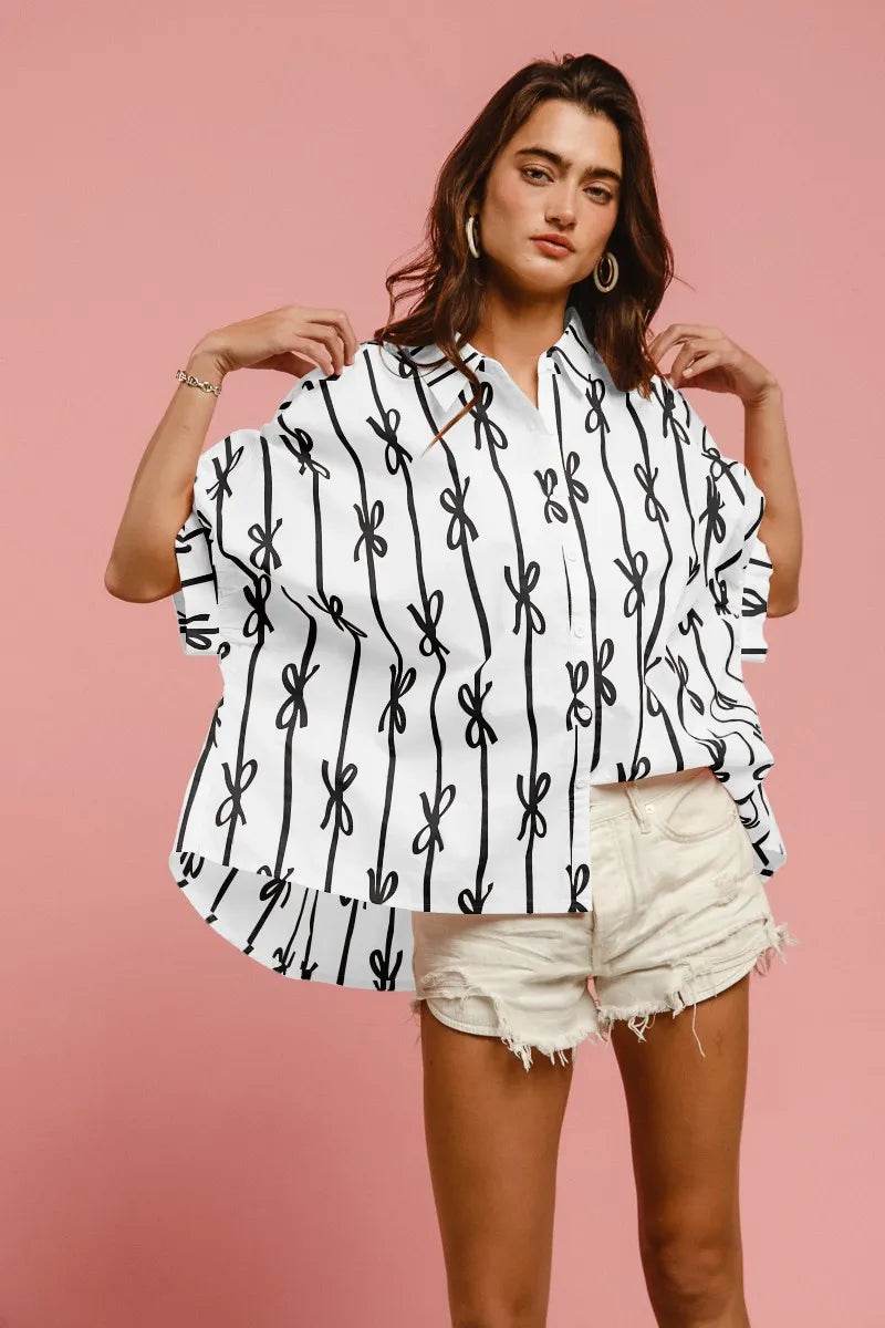 BiBi Bow Ribbon Woven Printed Button Down Shirt - Shop Style & More | Fresh Looks, Everyday Deals & Free Shipping