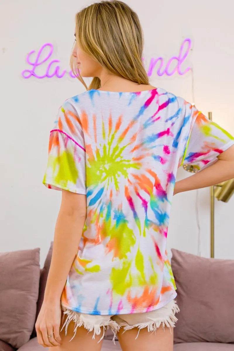 BiBi Tie Dye Print Jersey Stitched V Neck Top - Shop Style & More | Fresh Looks, Everyday Deals & Free Shipping