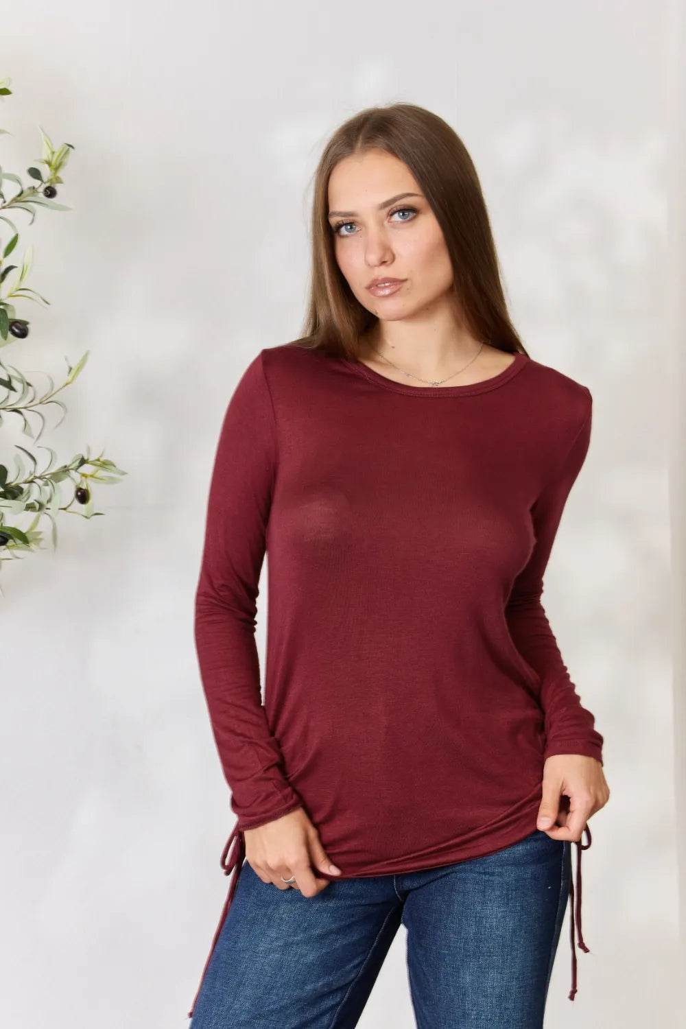 Culture Code Full Size Drawstring Round Neck Long Sleeve Top - Shop Style & More | Fresh Looks, Everyday Deals & Free Shipping
