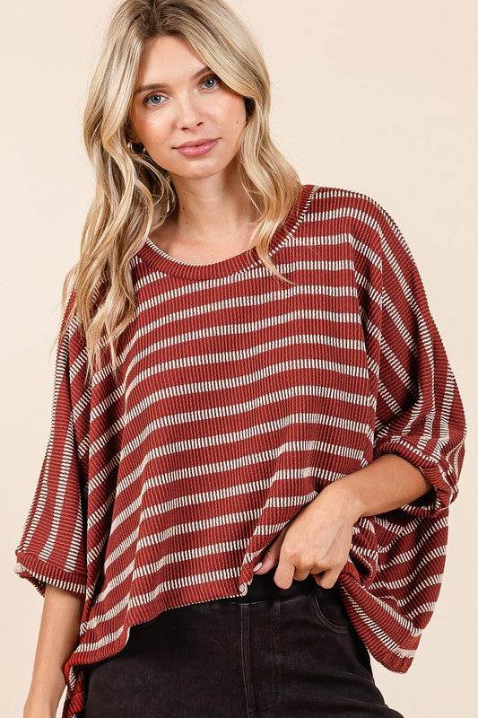Mittoshop Texture Striped Print Round Neck Dolman Sleeve Top - Shop Style & More | Fresh Looks, Everyday Deals & Free Shipping