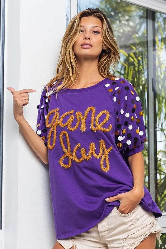 BiBi Game Day Metallic Letter Spangle Sleeve Top - Shop Style & More | Fresh Looks, Everyday Deals & Free Shipping