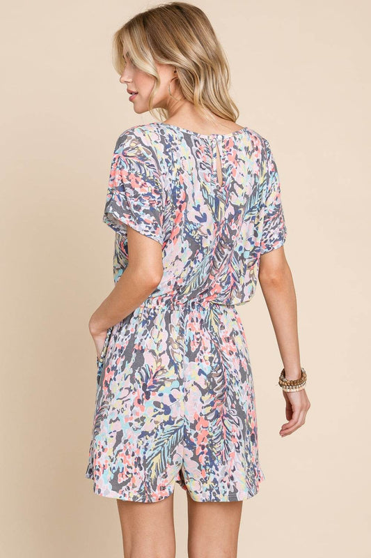 BOMBOM Printed Short Sleeve Drawstring Romper - Shop Style & More | Fresh Looks, Everyday Deals & Free Shipping