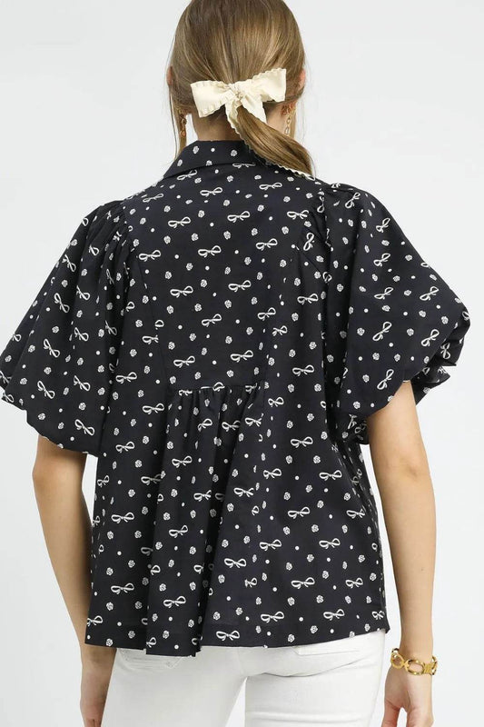 Umgee Bow Print Puff Sleeve Blouse - Shop Style & More | Fresh Looks, Everyday Deals & Free Shipping